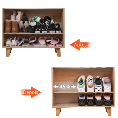 Mantenha seus calçados sempre organizados com o Suporte Organizador Ajustável para Sapatos com Dupla Camada, uma solução prática e moderna para otimizar o espaço em sua casa. Aproveite agora a oferta imperdível: Compre 4 e leve 6 unidades! - lojaorganizeja.com