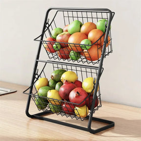 Transforme sua mesa em um espaço elegante e organizado com a Fruteira de Mesa Metal 2 Andares Camada Dupla Organizador da Organize Já. Da lojaorganizeja.com