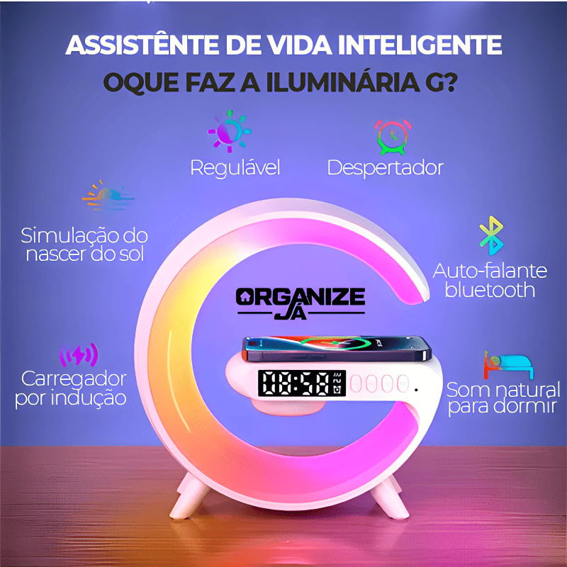 Transforme o seu espaço com a Luminária G LED com Carregador, uma inovação que une tecnologia, funcionalidade e estilo. Da lojaorganizeja.com