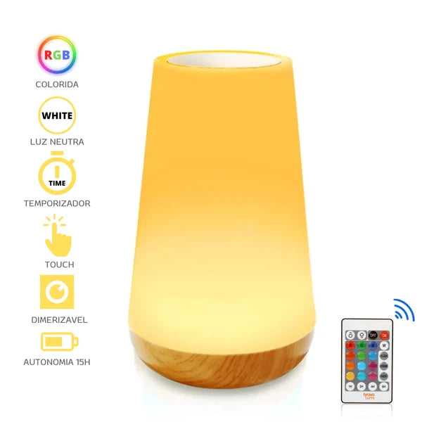 A Luminária de Mesa LED RGB com Controle, uma fonte de luz versátil que permite personalizar seu ambiente. Da loja lojaorganizeja.com 